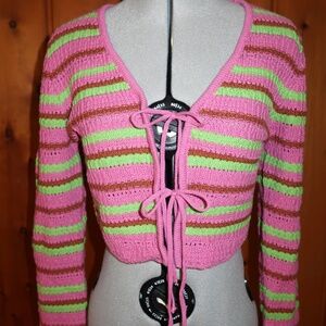 NEW Pink Green Brown Striped Lace-Up Cropped Knit Sweater Long Sleeve Y2K Retro